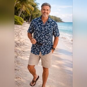 Michael Brandon Lightweight Navy Leaf Print Men's Short Sleeve Shirt, Size XXL